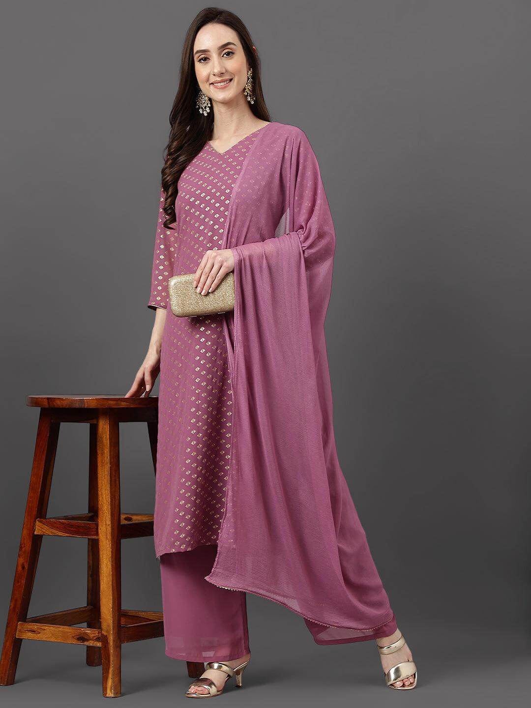 Purple Georgette Foil Print Kurta with Palazzo and Dupatta