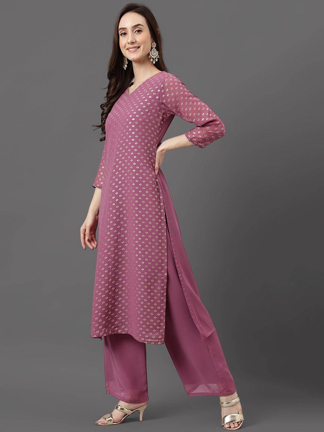 Purple Georgette Foil Print Kurta with Palazzo and Dupatta