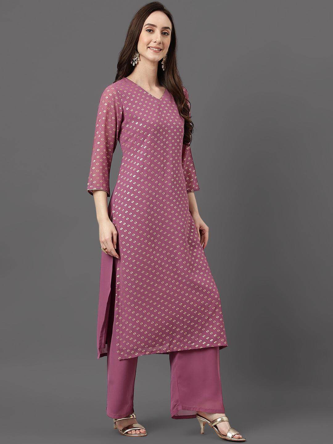 Purple Georgette Foil Print Kurta with Palazzo and Dupatta