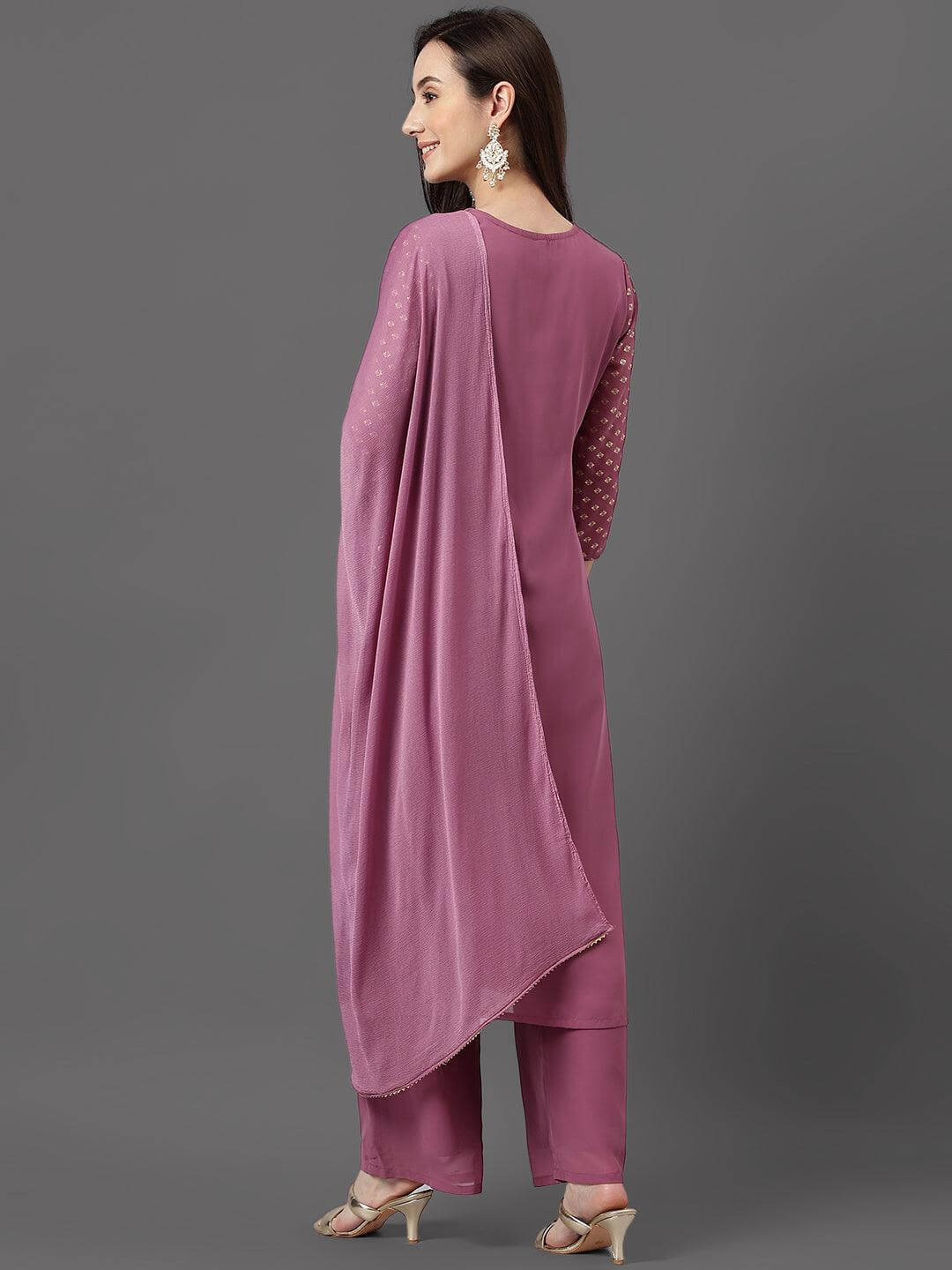 Purple Georgette Foil Print Kurta with Palazzo and Dupatta