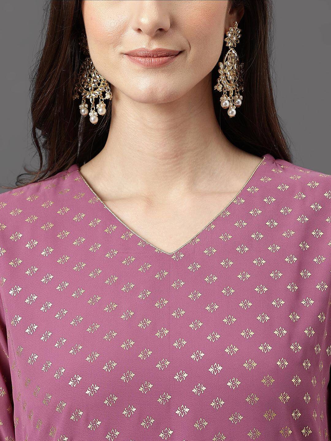 Purple Georgette Foil Print Kurta with Palazzo and Dupatta