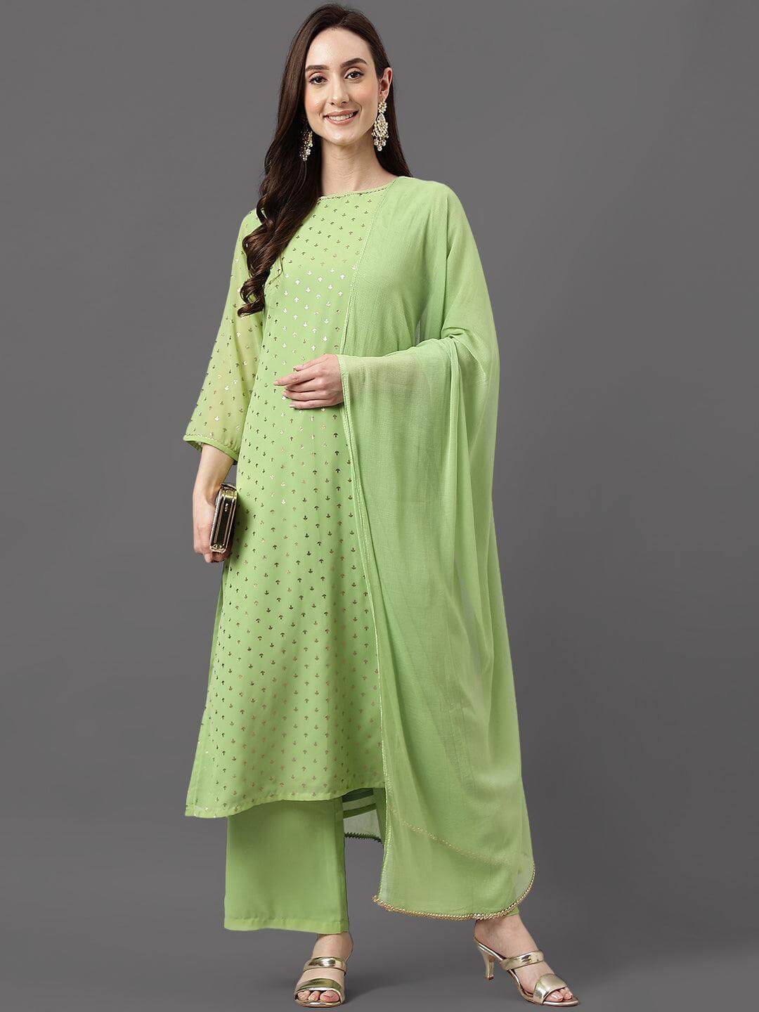 Green Georgette Foil Print Kurta with Palazzo and Dupatta