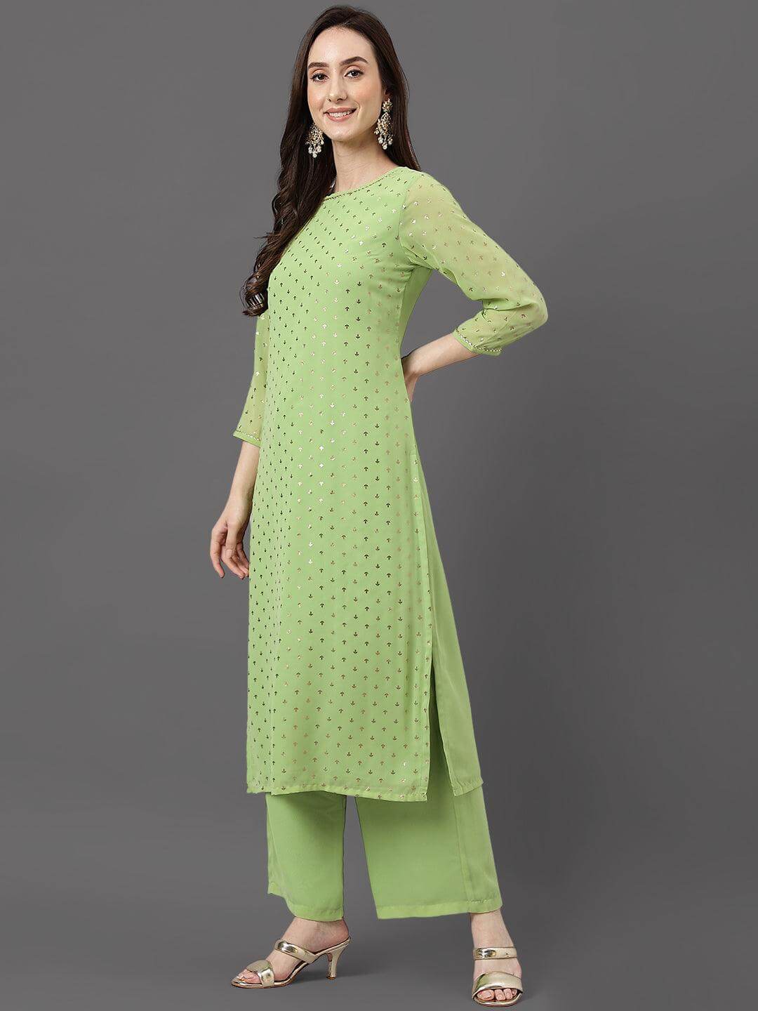 Green Georgette Foil Print Kurta with Palazzo and Dupatta