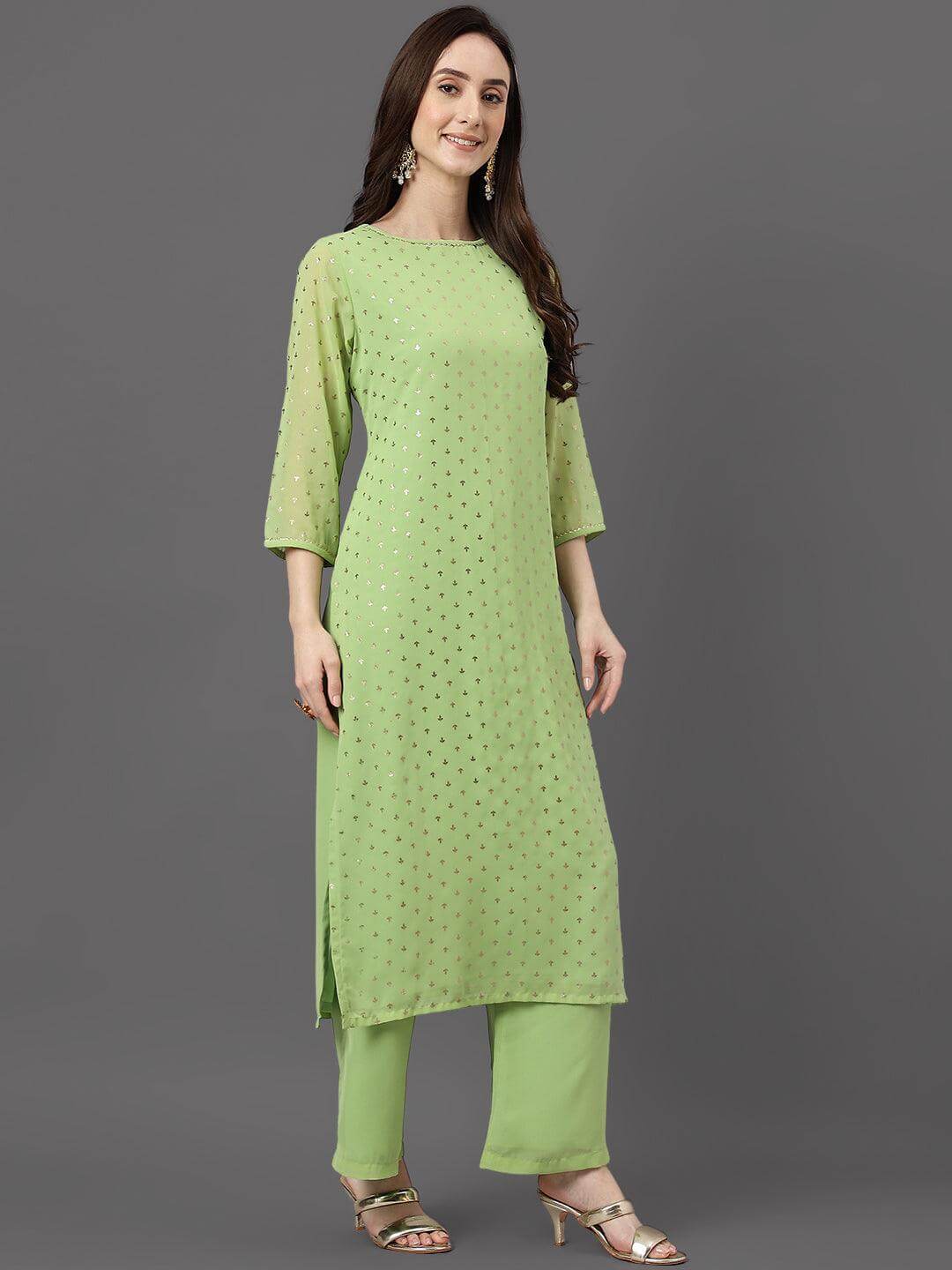 Green Georgette Foil Print Kurta with Palazzo and Dupatta