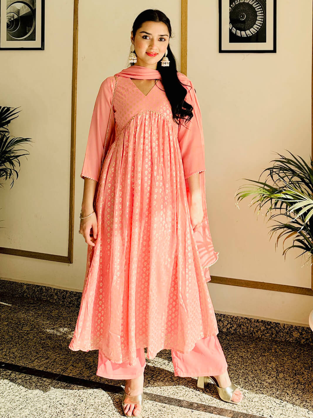 Peach Georgette Foil Print Kurta with Palazzo and Dupatta
