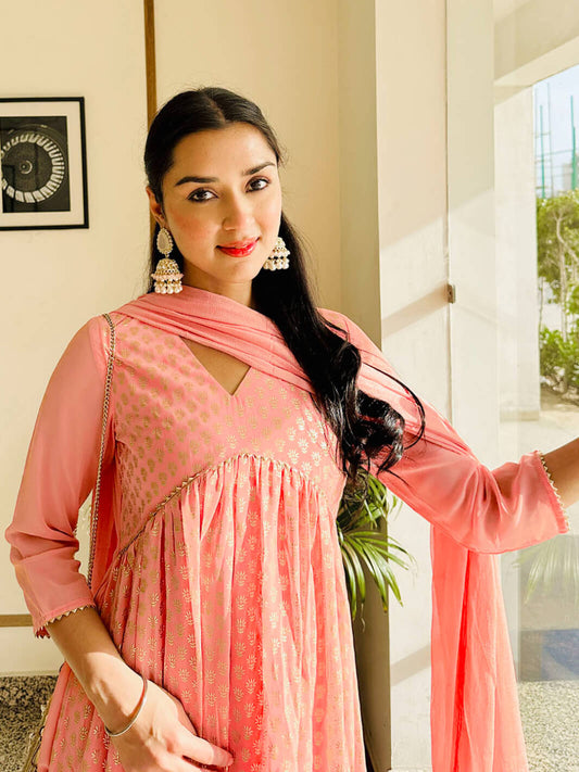 Peach Georgette Foil Print Kurta with Palazzo and Dupatta