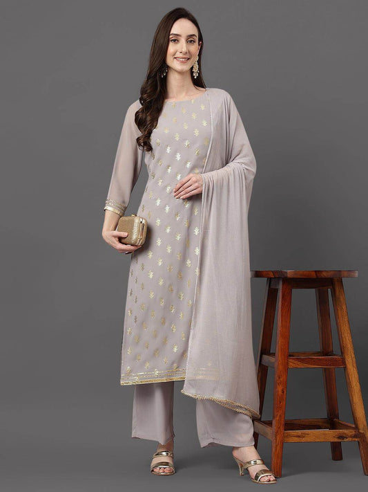 Grey Georgette Foil Print Kurta with Palazzo and Dupatta