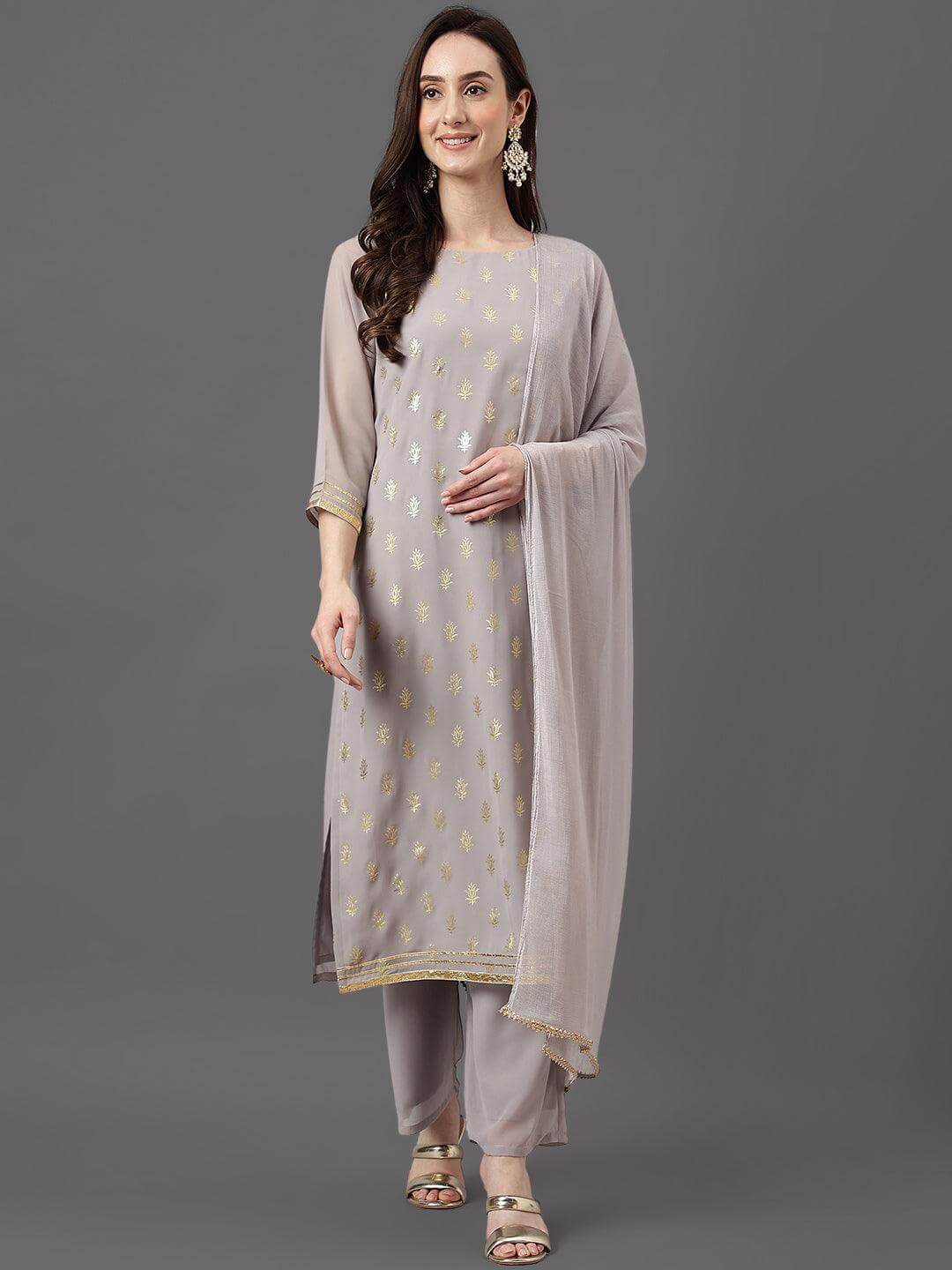 Grey Georgette Foil Print Kurta with Palazzo and Dupatta