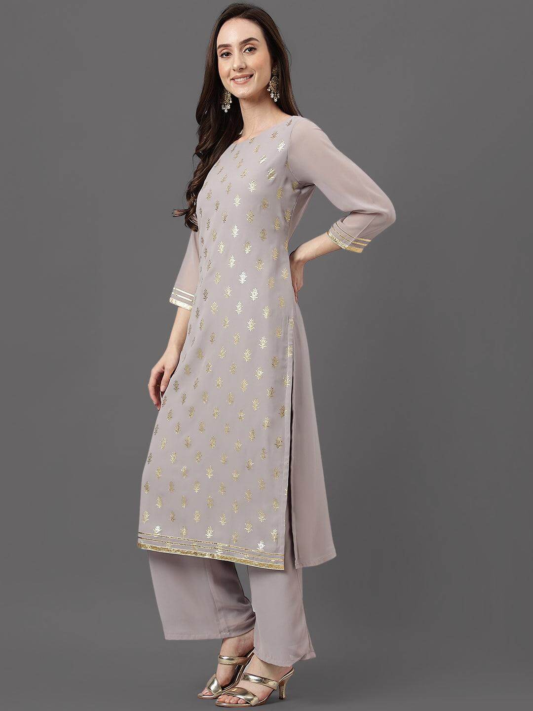 Grey Georgette Foil Print Kurta with Palazzo and Dupatta