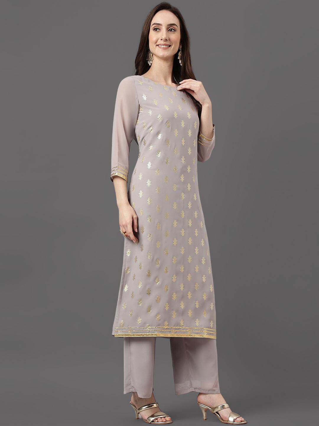 Grey Georgette Foil Print Kurta with Palazzo and Dupatta