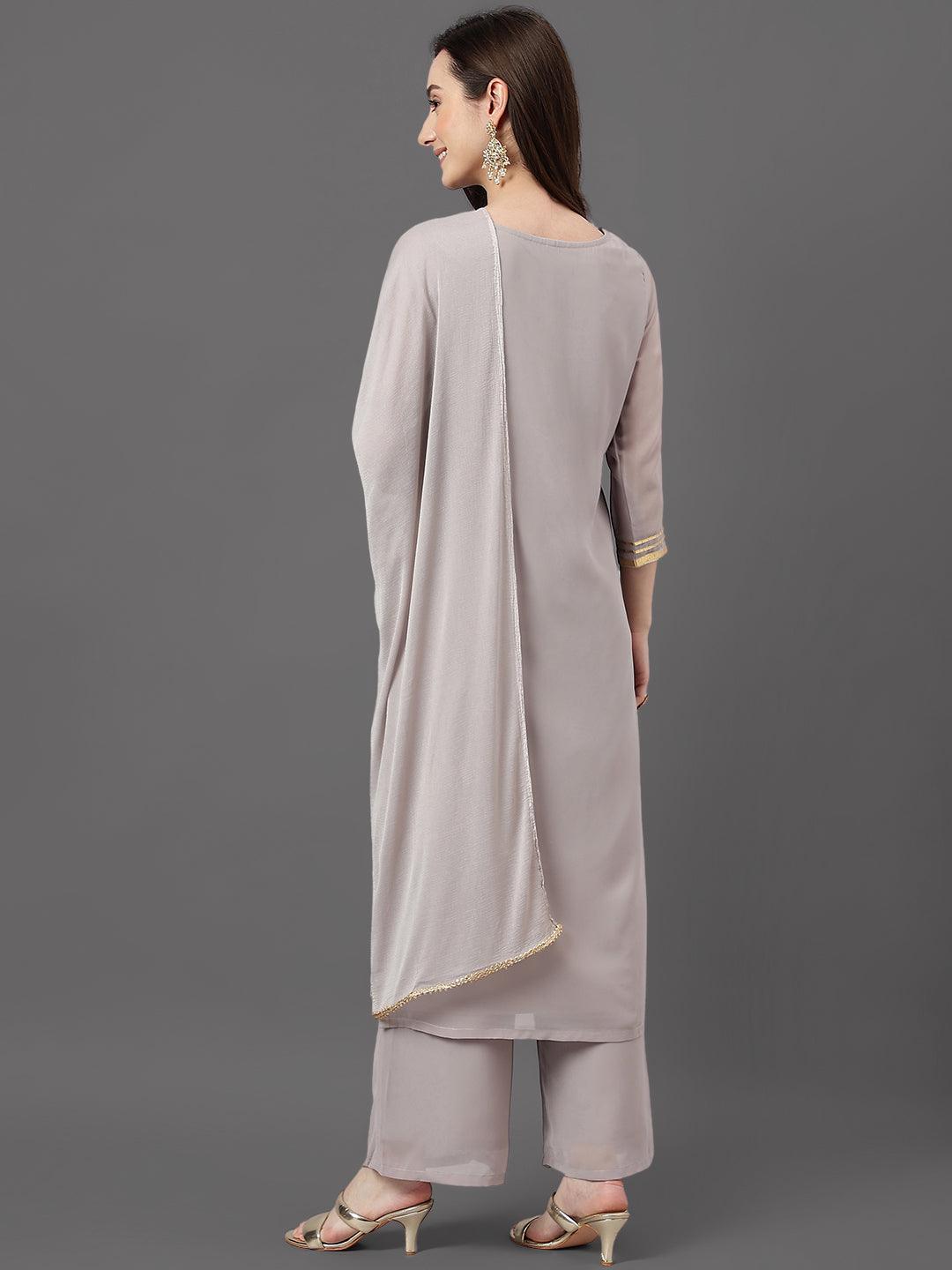 Grey Georgette Foil Print Kurta with Palazzo and Dupatta