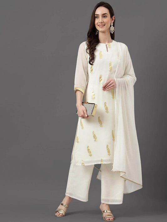 Off White Georgette Foil Print Kurta with Palazzo and Dupatta