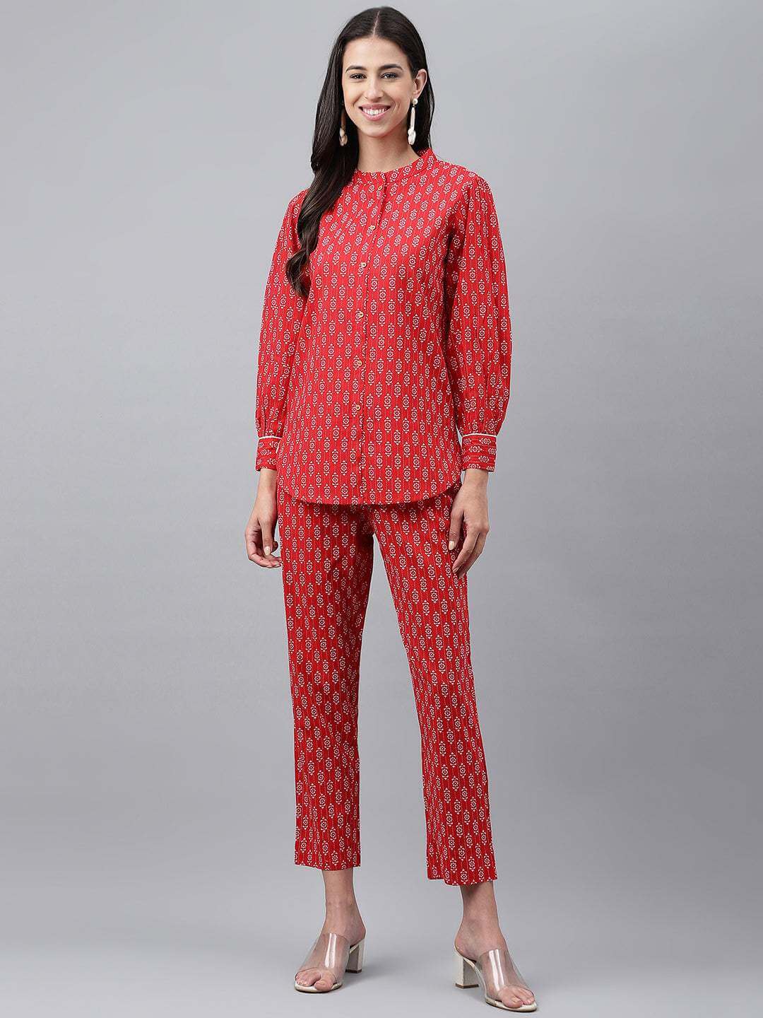 Red Cotton Ethnic Motifs Top with Pant