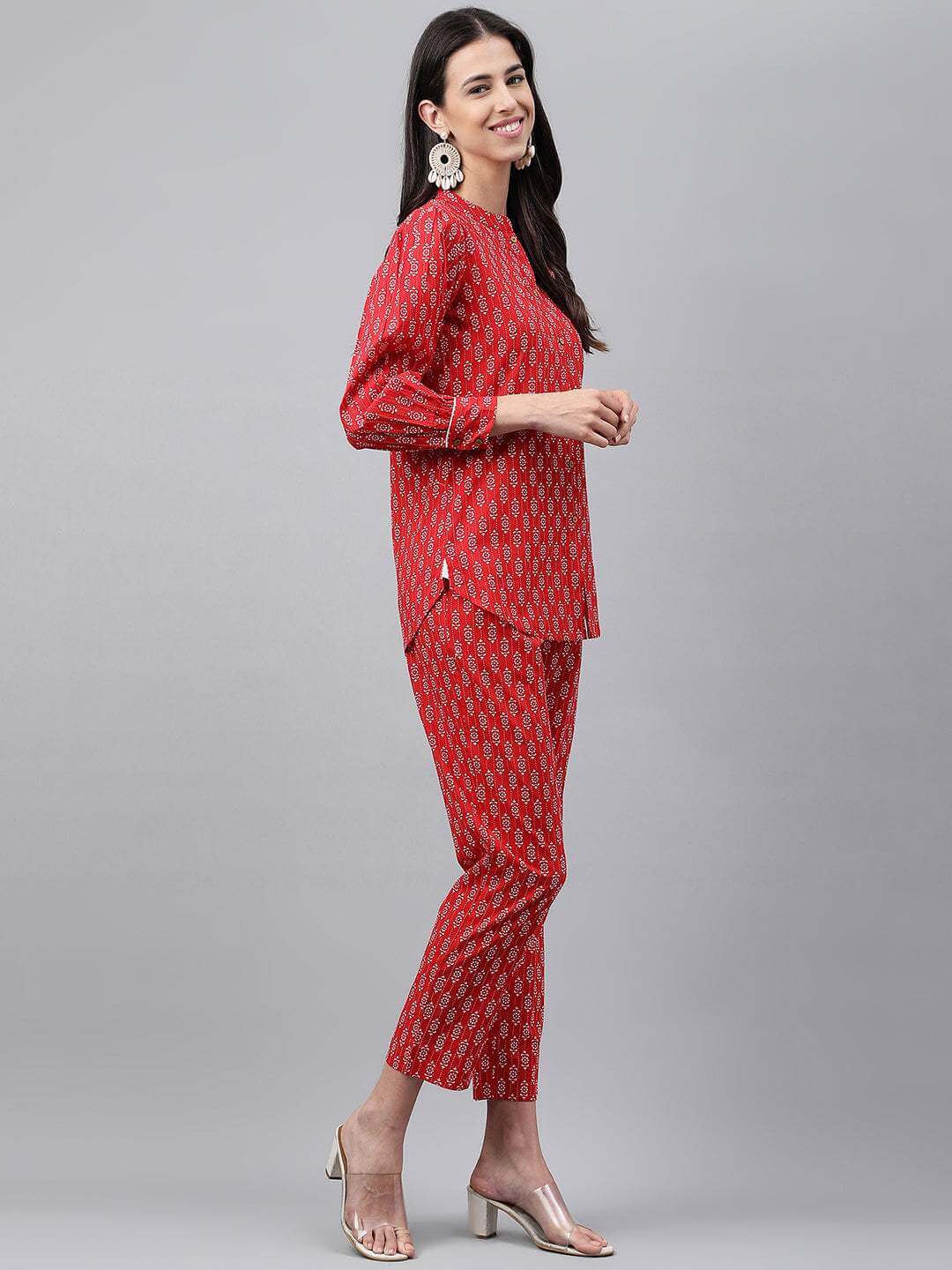 Red Cotton Ethnic Motifs Top with Pant