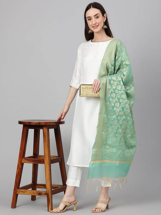 Off White Crepe Silk Solid Kurta with Pant and Dupatta