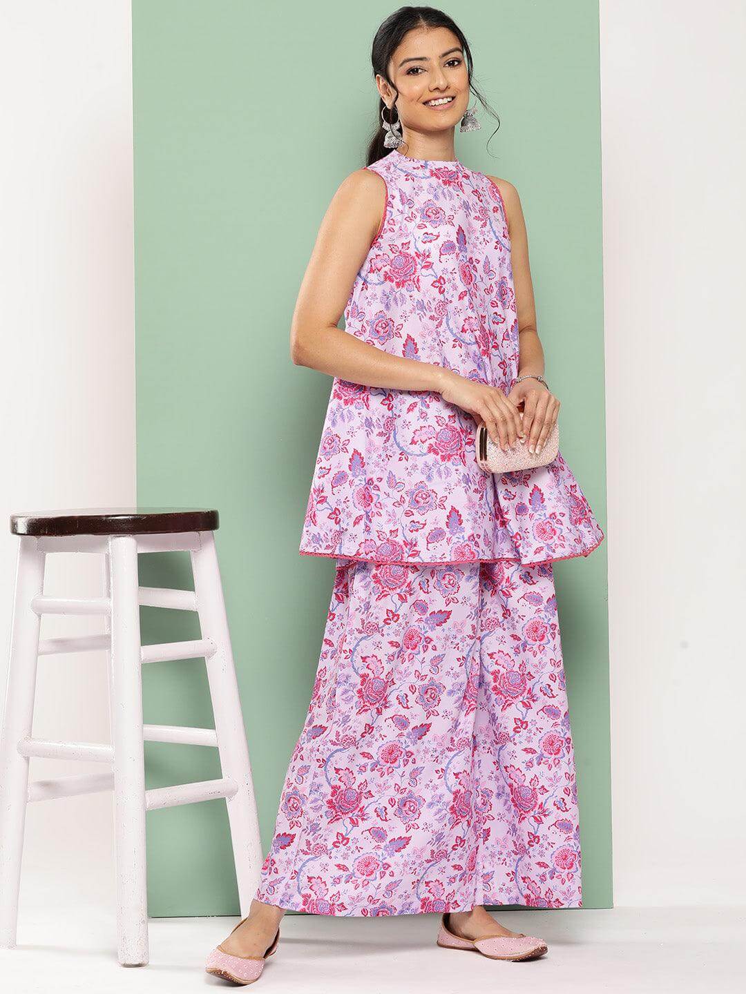 Lavender Crepe Digital Printed Top with Palazzo