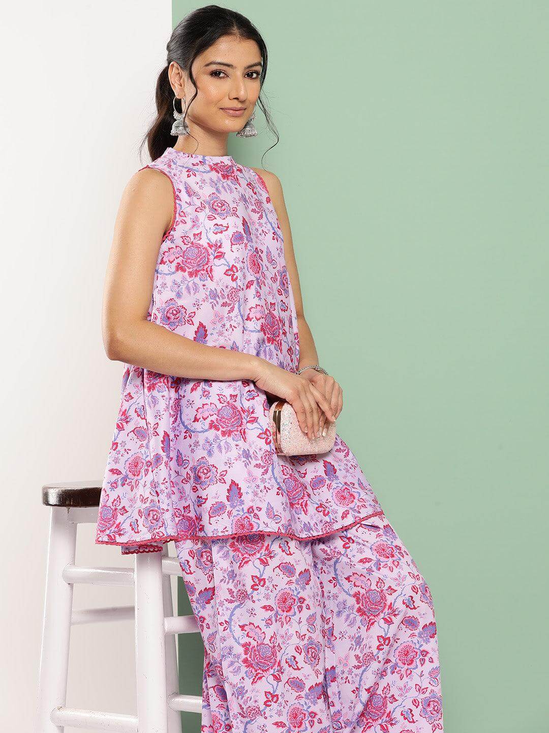 Lavender Crepe Digital Printed Top with Palazzo