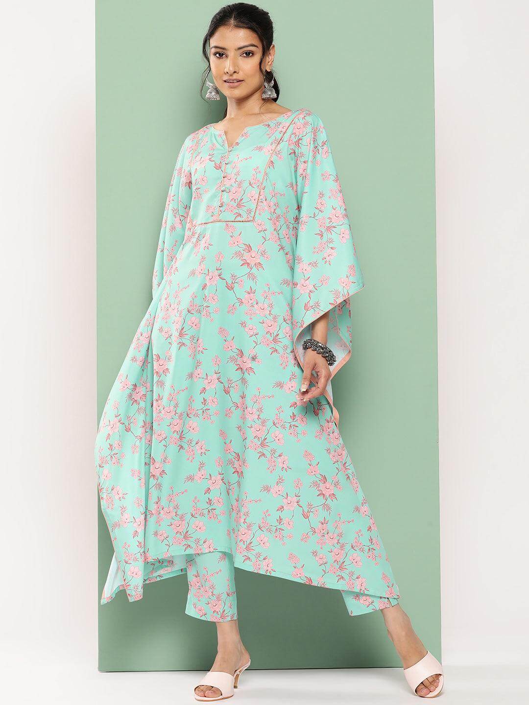Sea Green Crepe Digital Printed Kaftan with Pants
