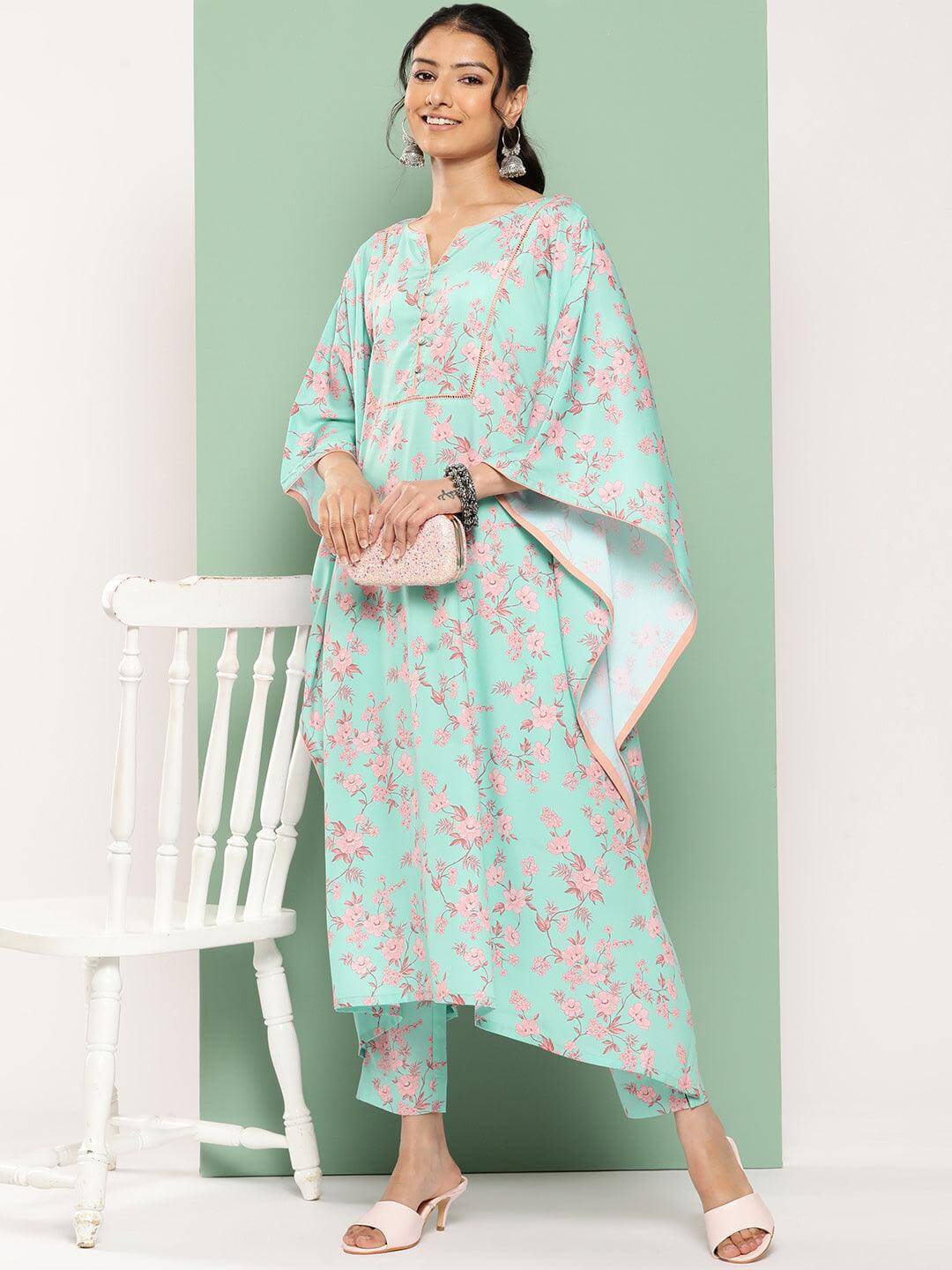 Sea Green Crepe Digital Printed Kaftan with Pants