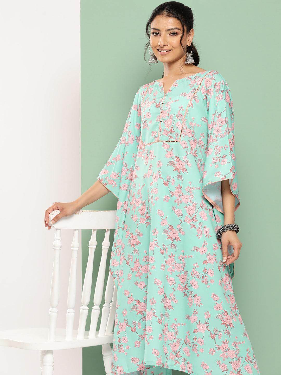 Sea Green Crepe Digital Printed Kaftan with Pants