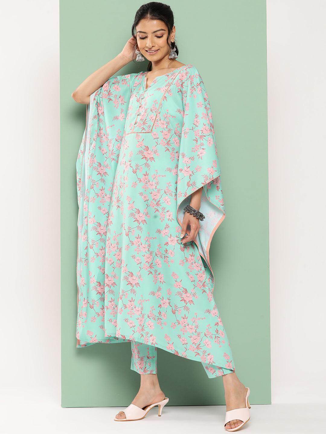 Sea Green Crepe Digital Printed Kaftan with Pants