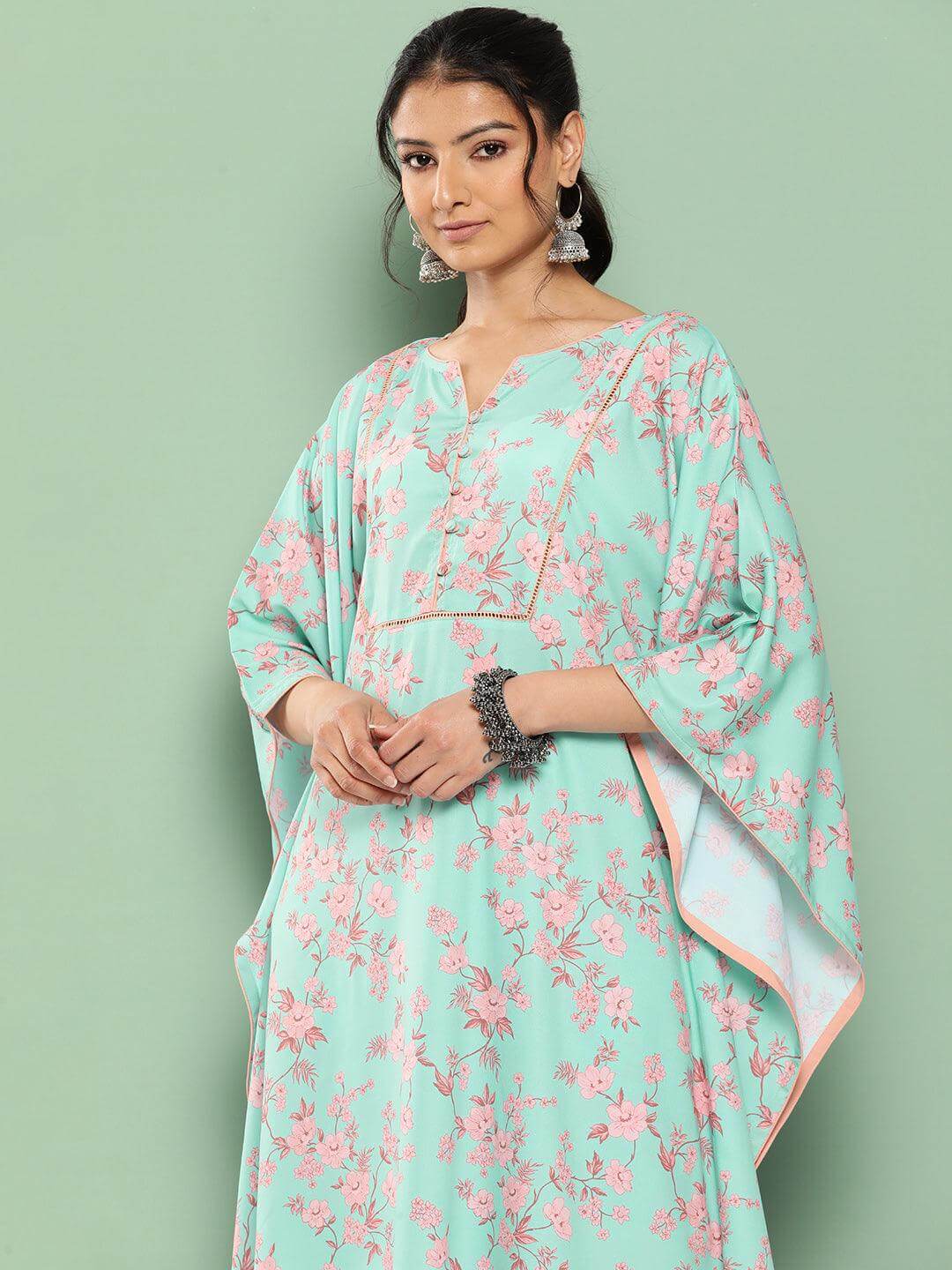Sea Green Crepe Digital Printed Kaftan with Pants