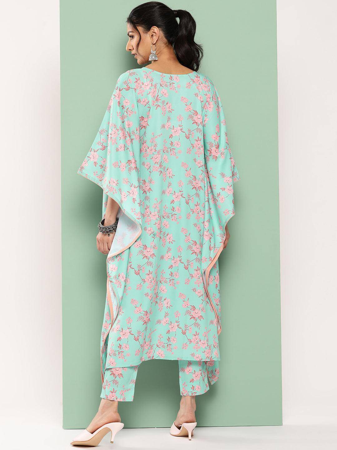 Sea Green Crepe Digital Printed Kaftan with Pants