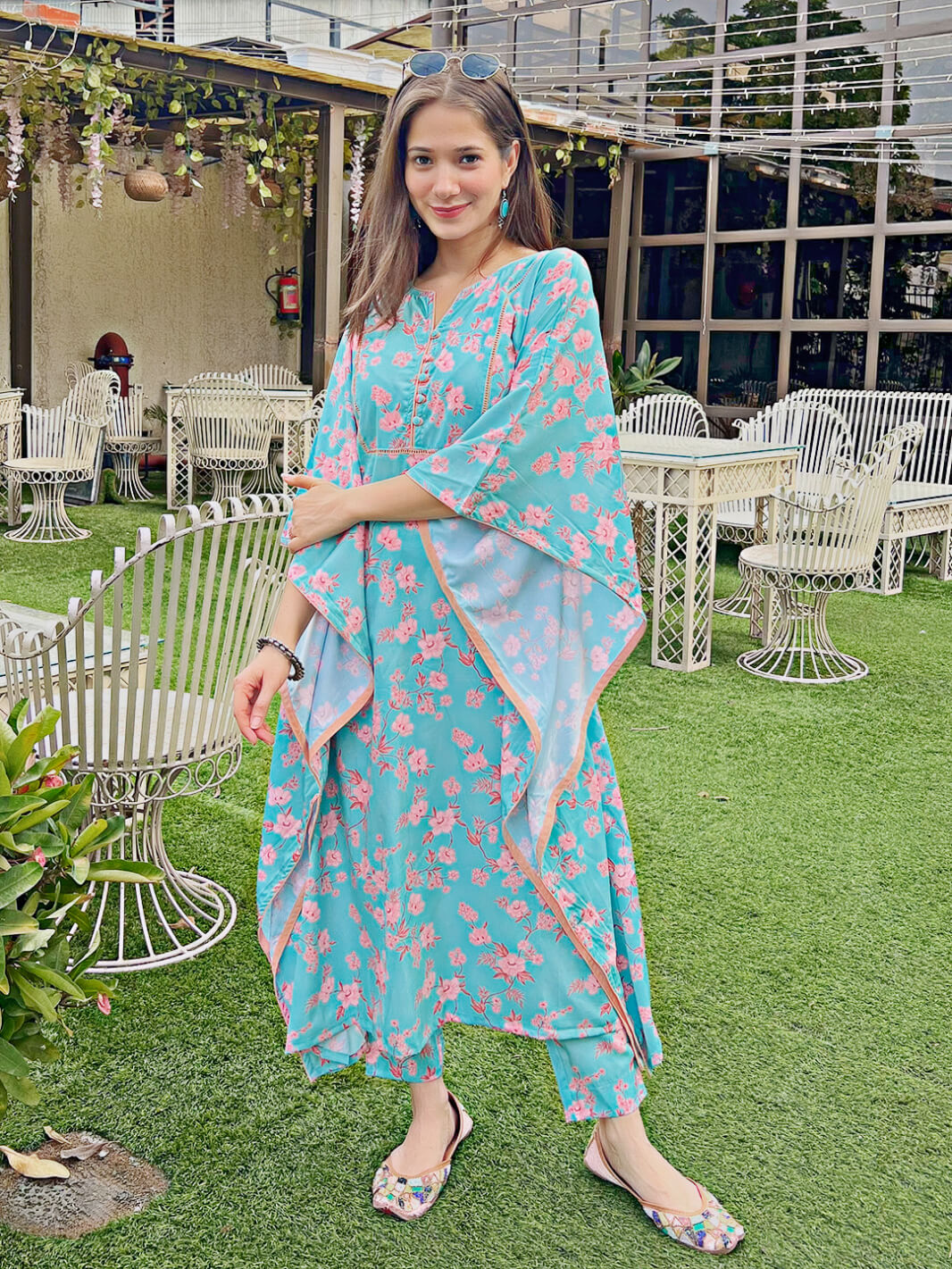 Sea Green Crepe Digital Printed Kaftan with Pants