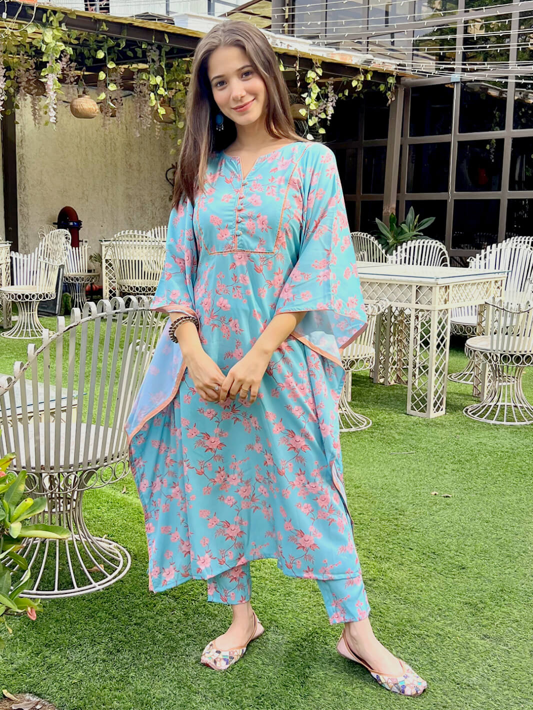 Sea Green Crepe Digital Printed Kaftan with Pants
