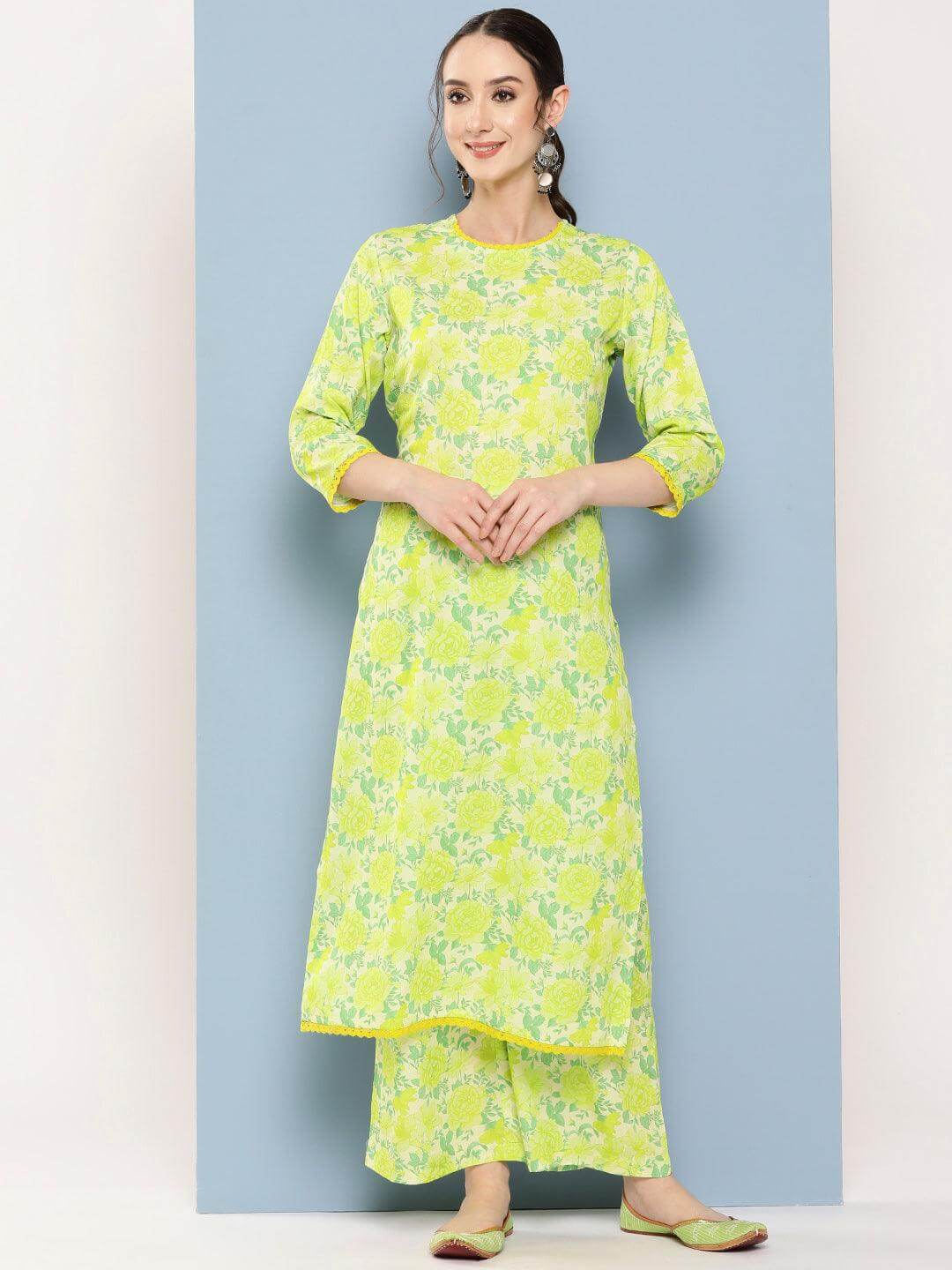 Lemon Green Crepe Digital Printed Kurta with Palazzo