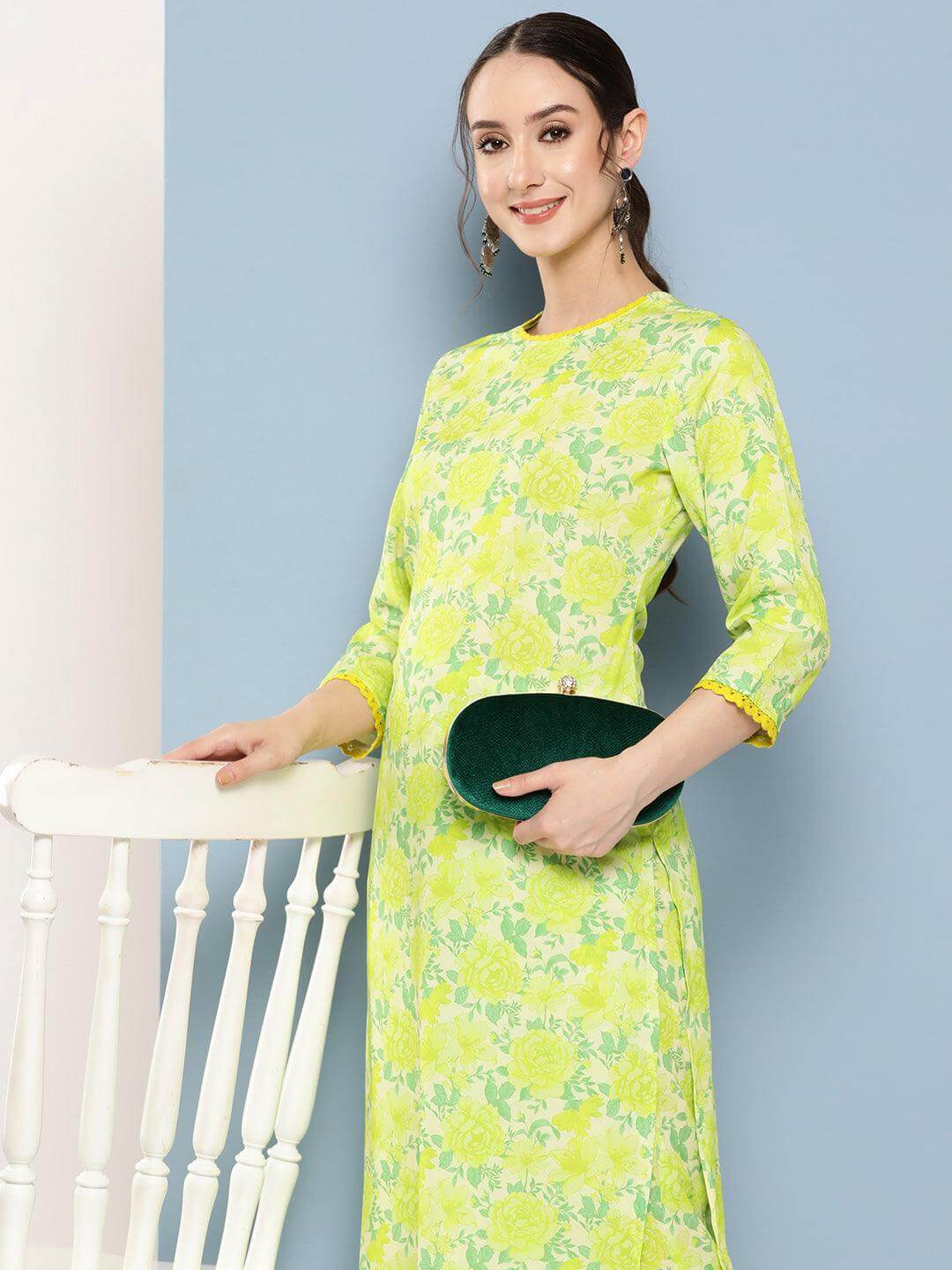 Lemon Green Crepe Digital Printed Kurta with Palazzo