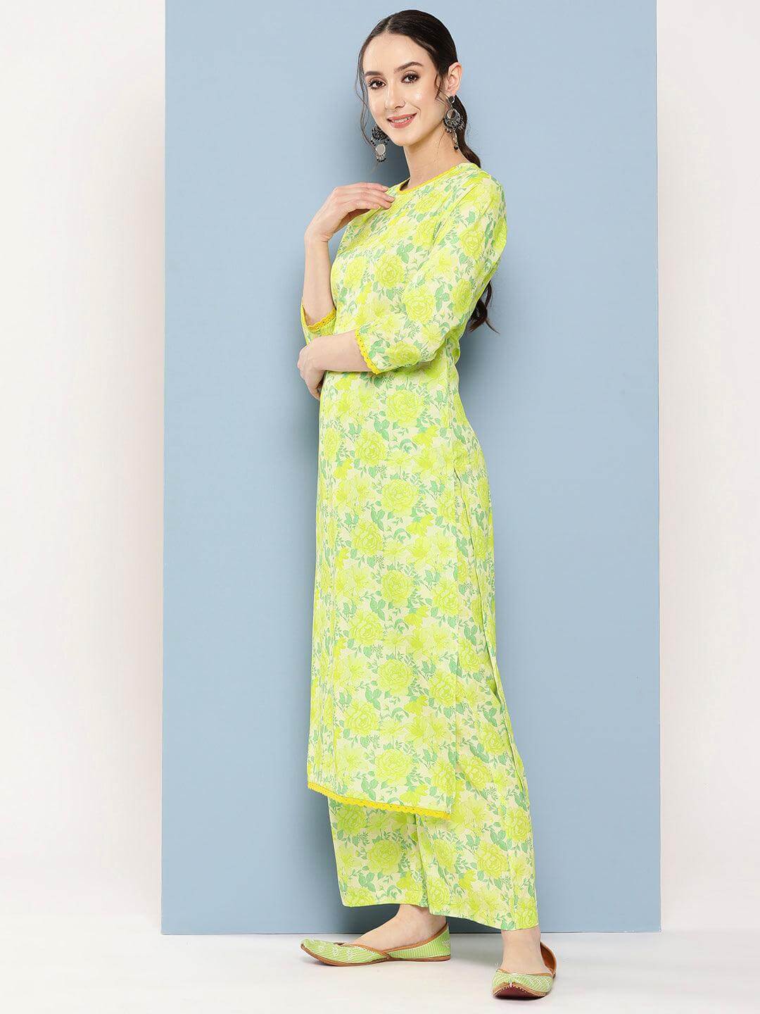 Lemon Green Crepe Digital Printed Kurta with Palazzo