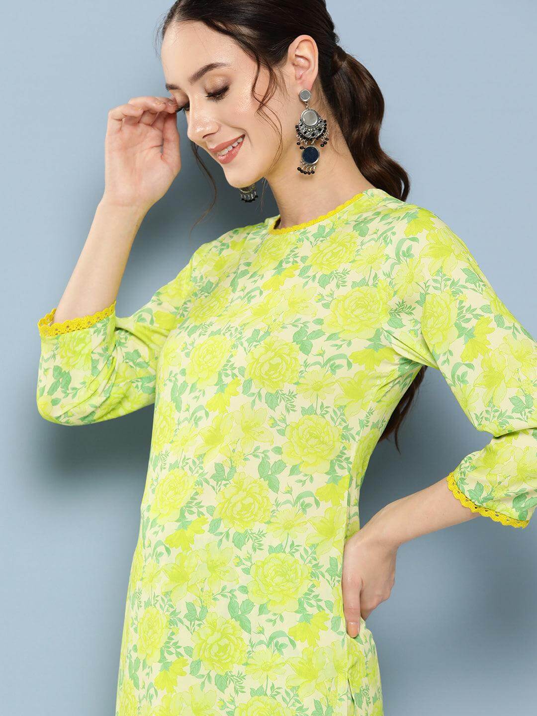 Lemon Green Crepe Digital Printed Kurta with Palazzo