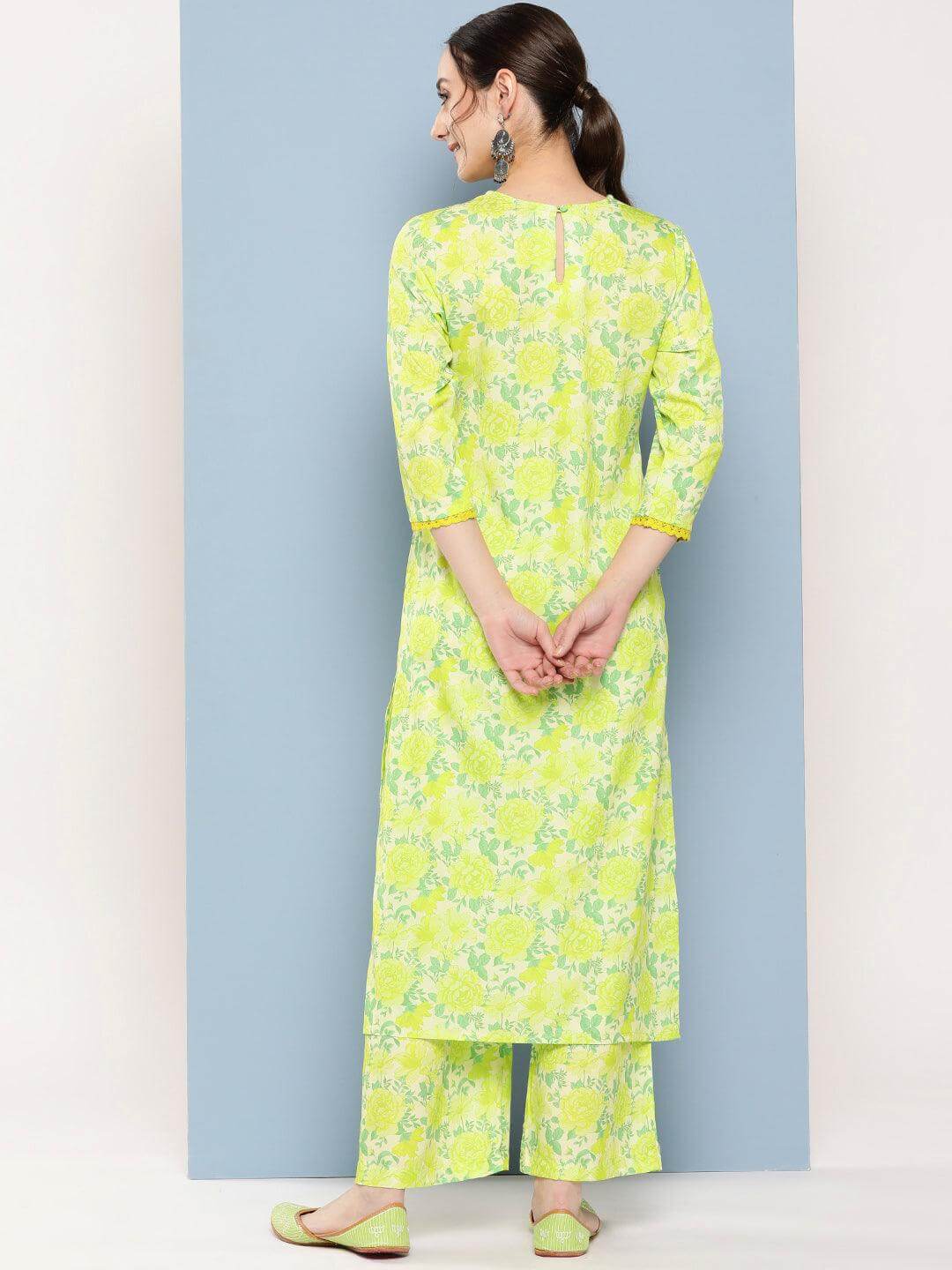 Lemon Green Crepe Digital Printed Kurta with Palazzo
