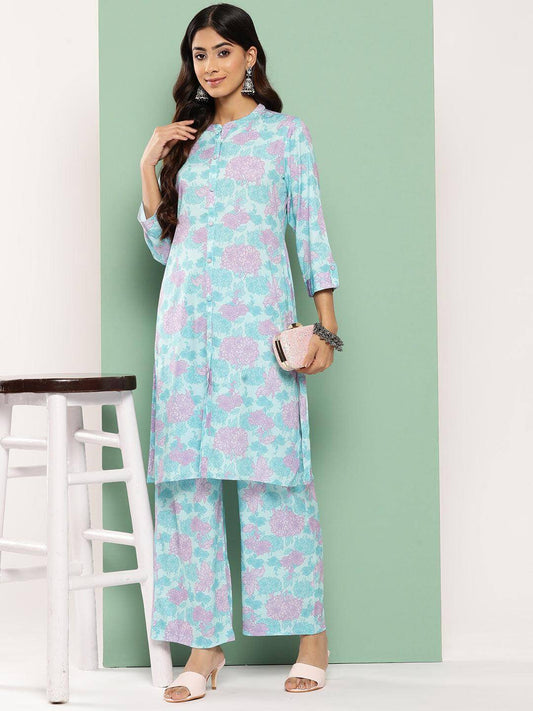 Sky Blue Crepe Digital Printed Kurta with Palazzo