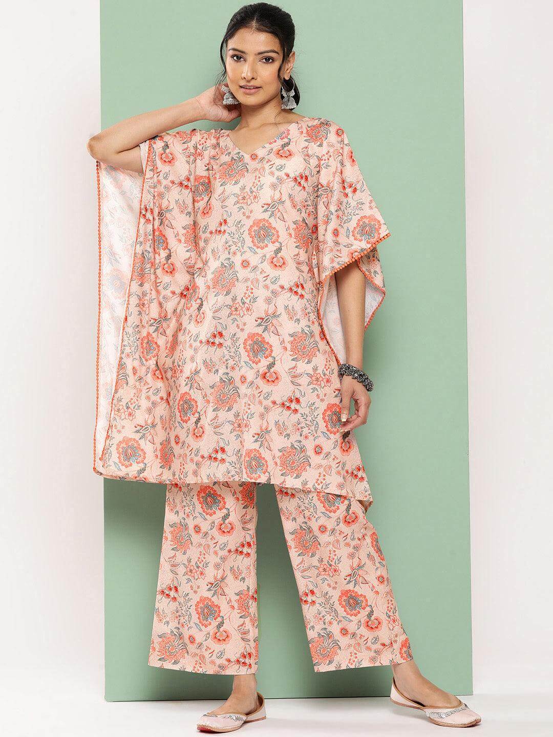 Peach Crepe Digital Printed Kaftan with Palazzo