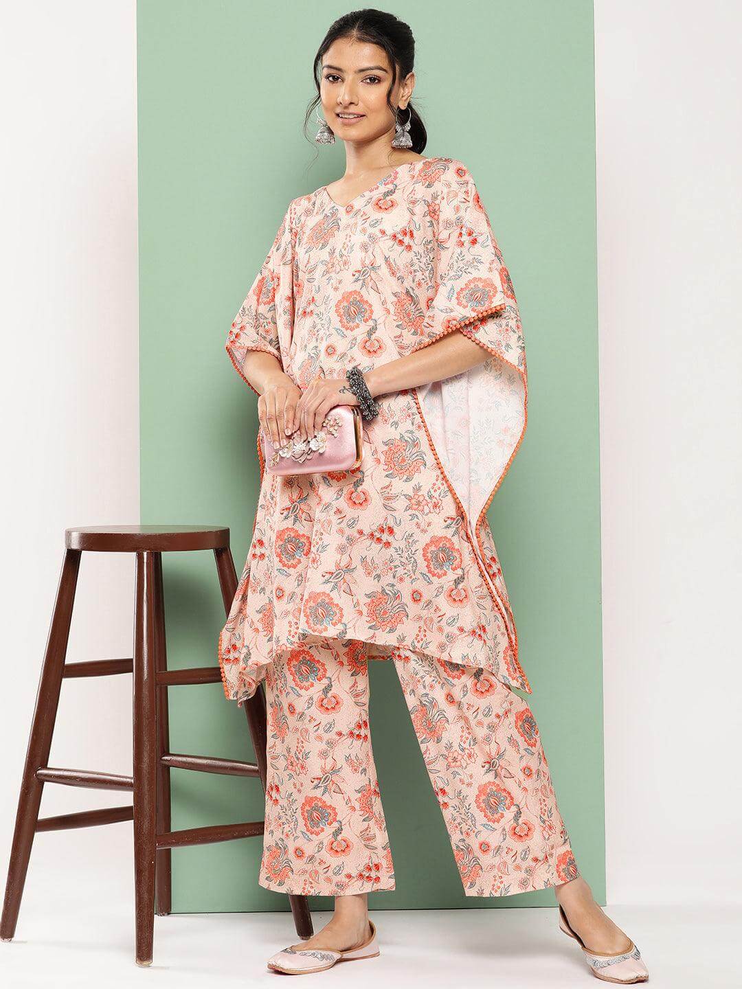 Peach Crepe Digital Printed Kaftan with Palazzo