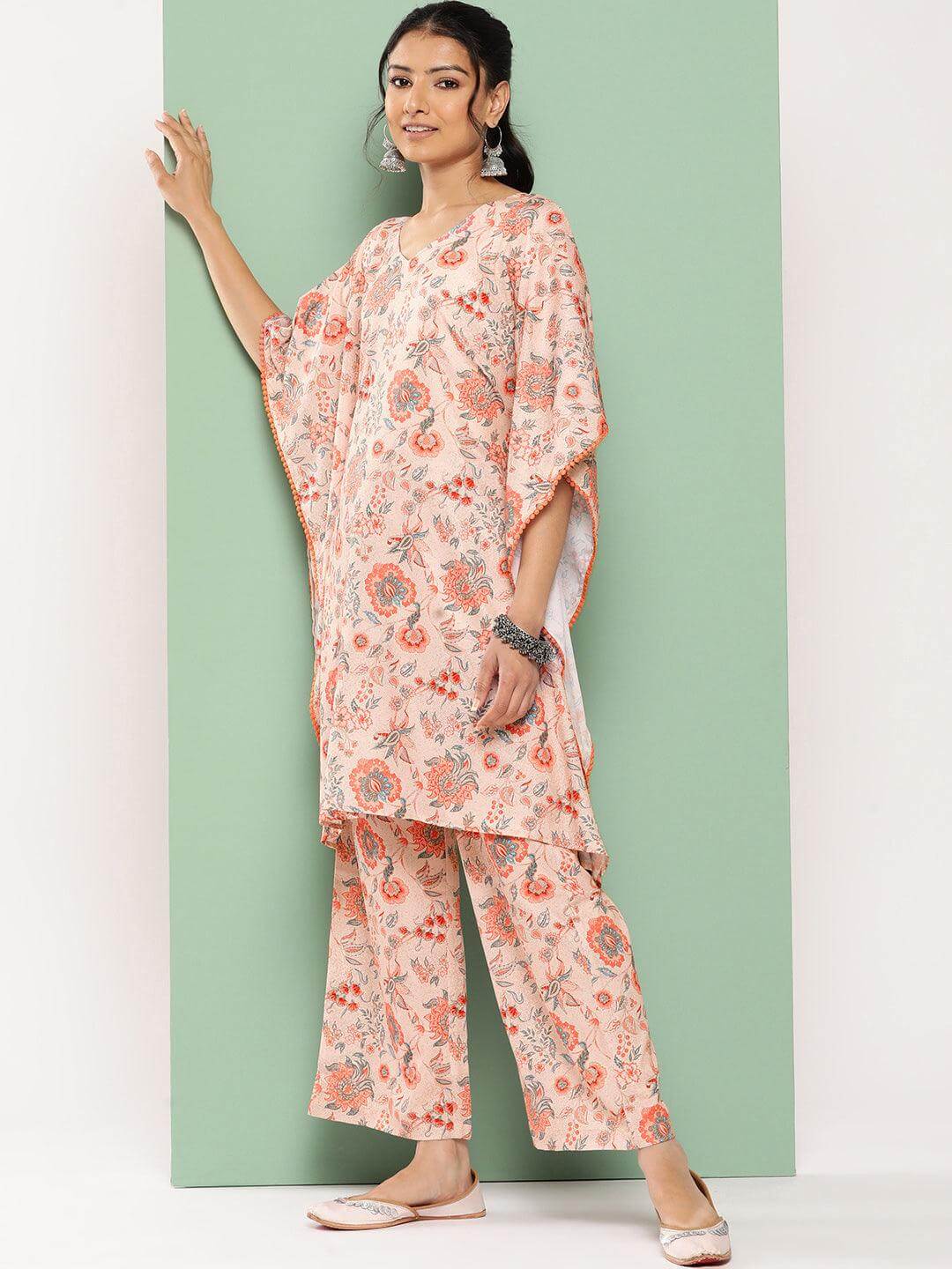 Peach Crepe Digital Printed Kaftan with Palazzo