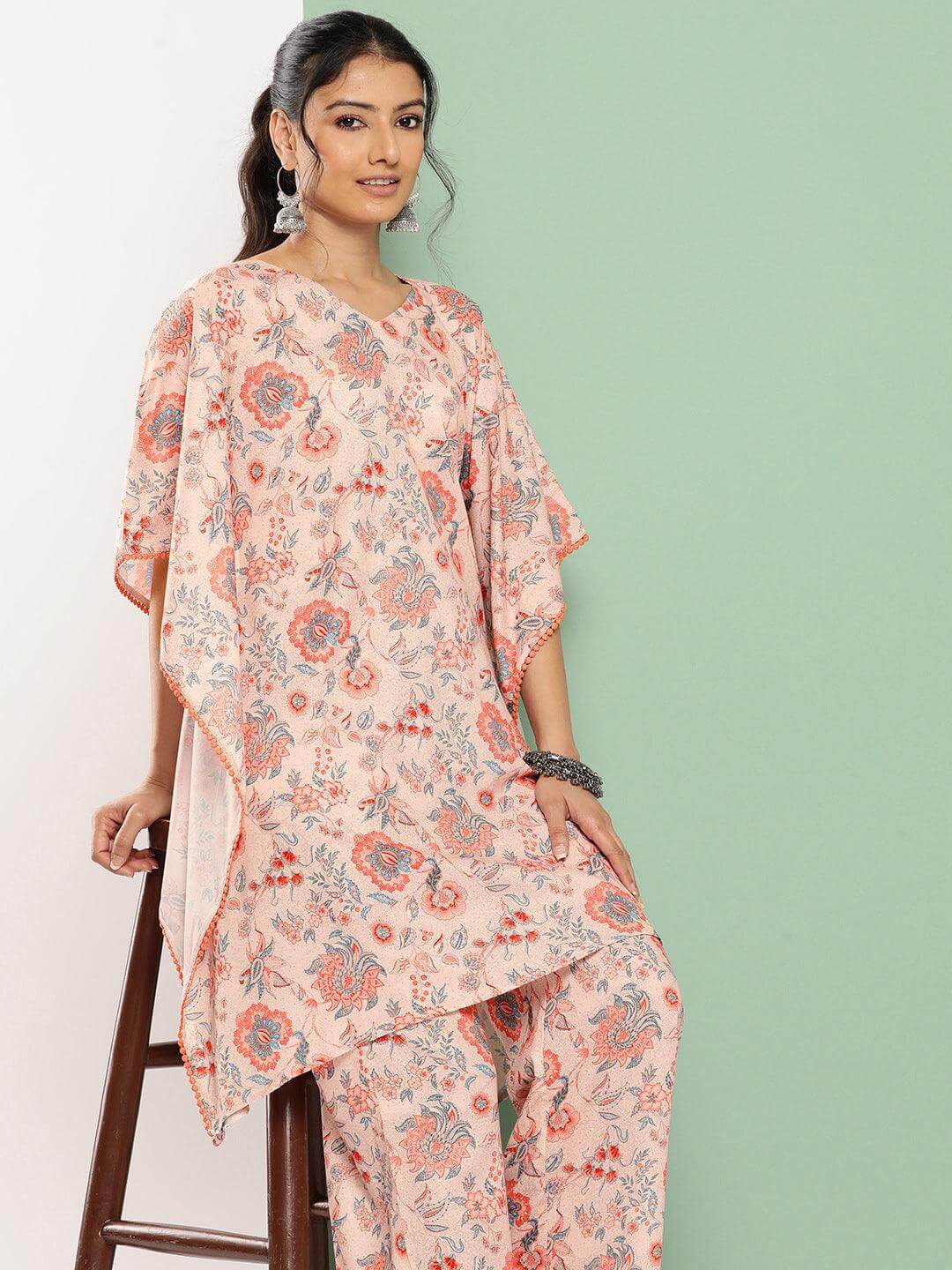 Peach Crepe Digital Printed Kaftan with Palazzo