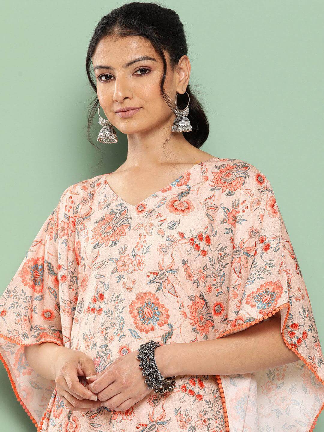 Peach Crepe Digital Printed Kaftan with Palazzo