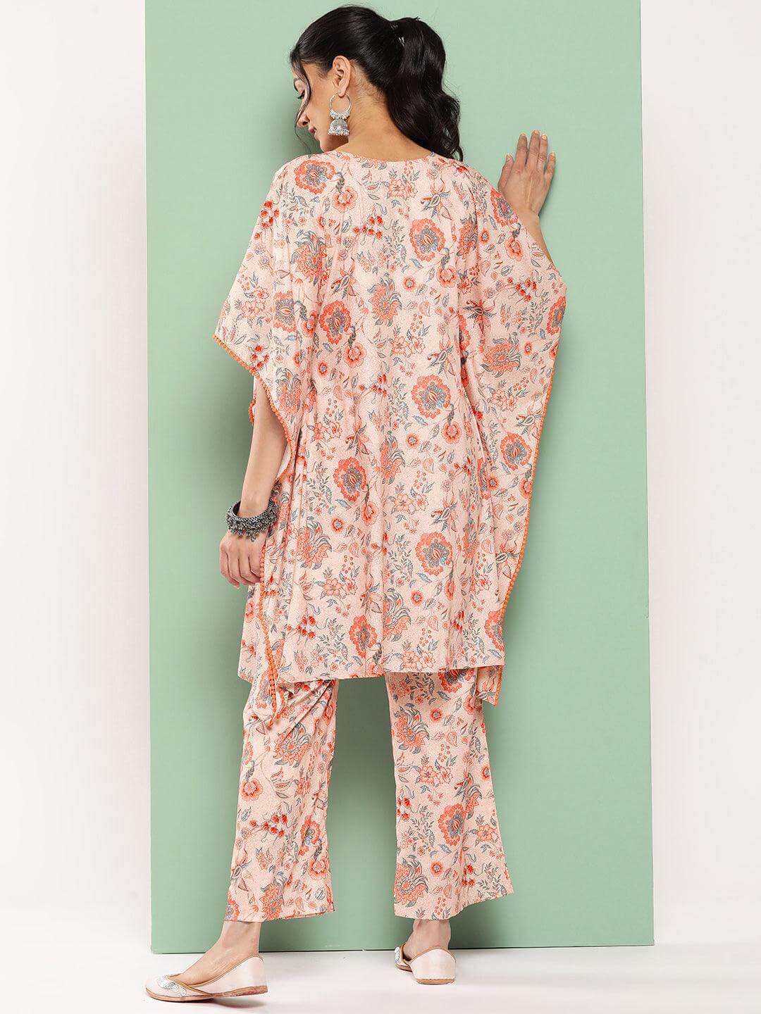 Peach Crepe Digital Printed Kaftan with Palazzo