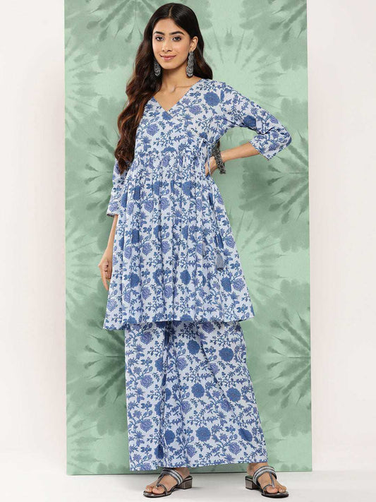 Light Blue Cotton Botanical Printed Tunic with Palazzo