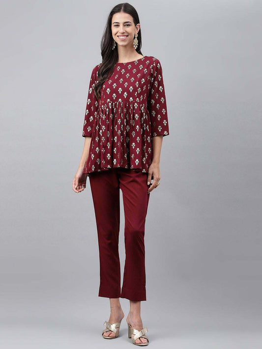 Wine Crepe Foil Printed Top with Pant