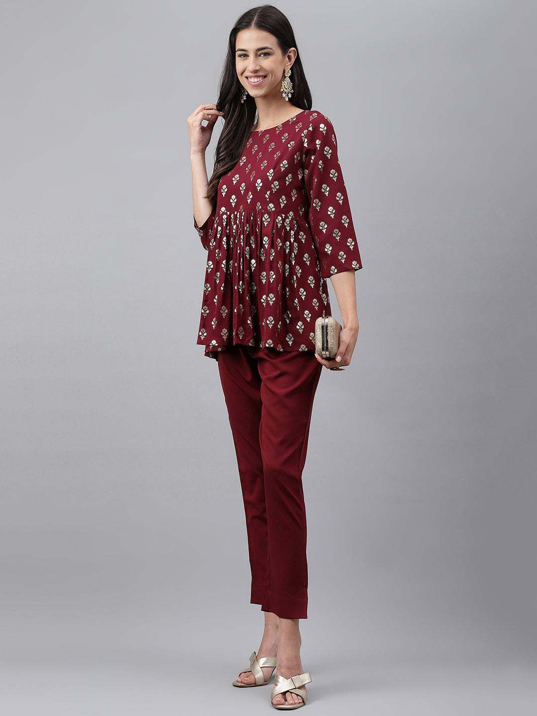 Wine Crepe Foil Printed Top with Pant