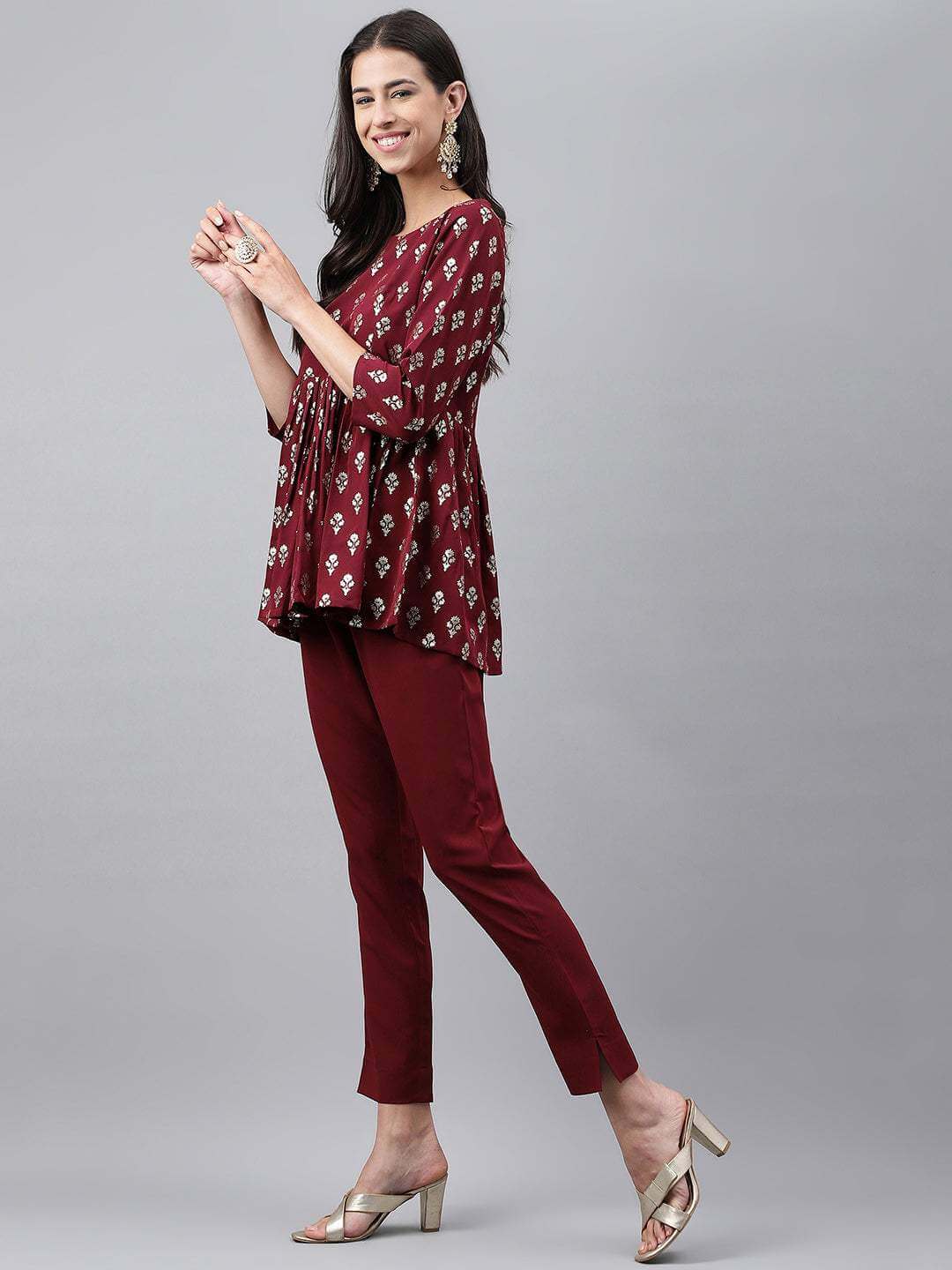 Wine Crepe Foil Printed Top with Pant