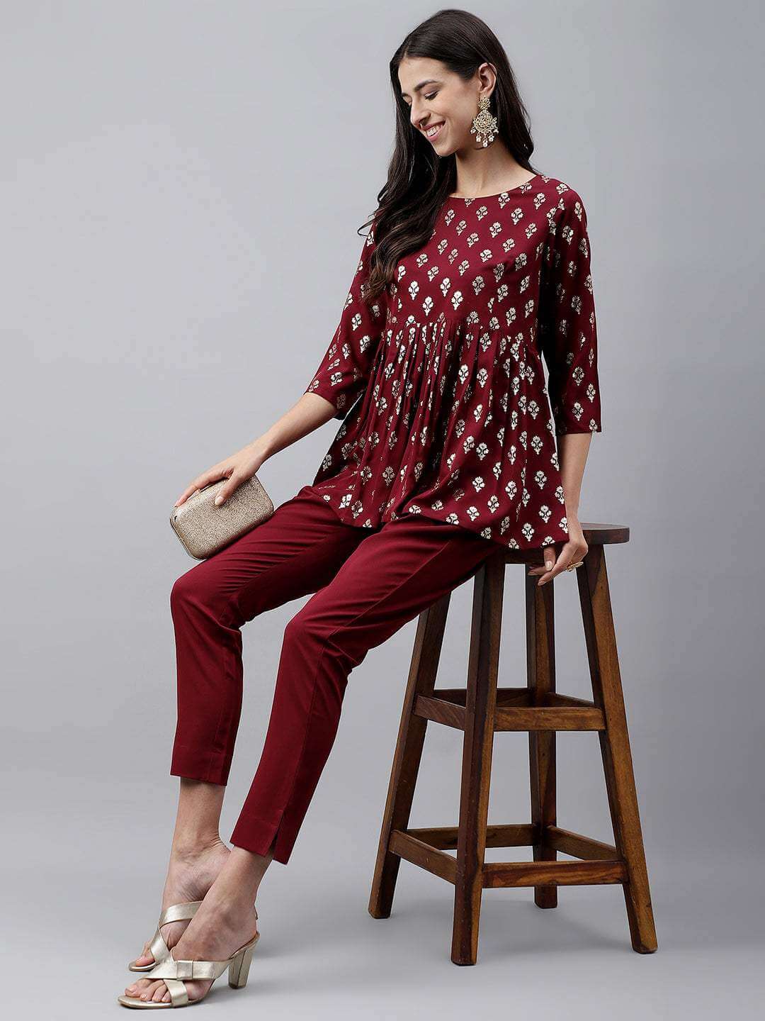 Wine Crepe Foil Printed Top with Pant