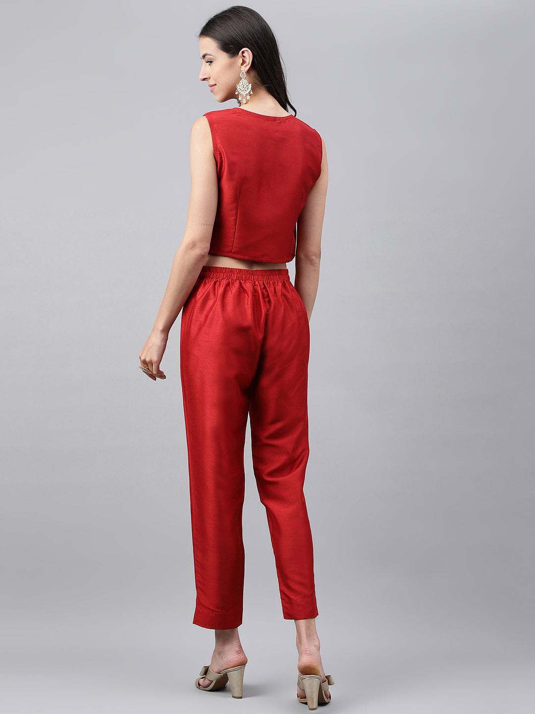 Red Crepe Silk Solid Top with Pants and Jacket