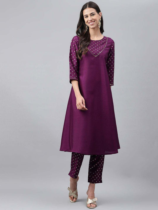 Purple Crepe Silk Solid Kurta with Pant