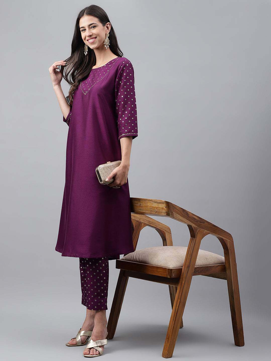 Purple Crepe Silk Solid Kurta with Pant