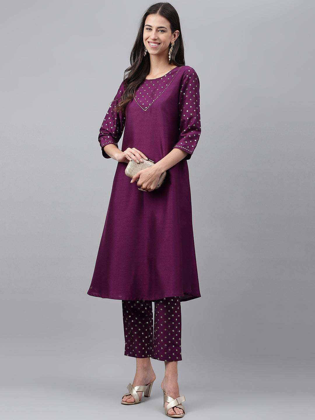 Purple Crepe Silk Solid Kurta with Pant